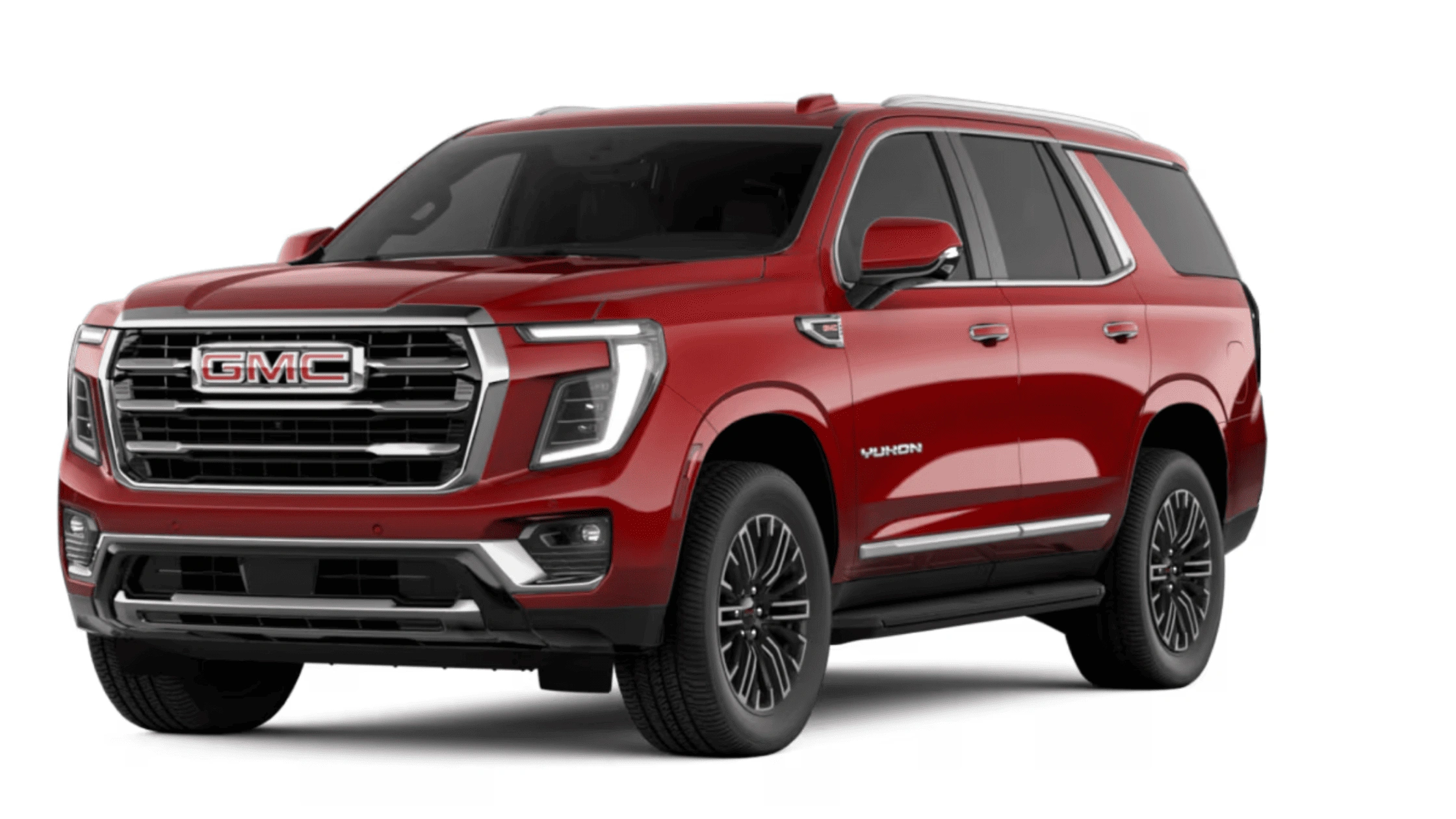 2026 GMC Yukon full-size three-row SUV in dark cherry red with chrome accents and premium wheels shown in Boone NC