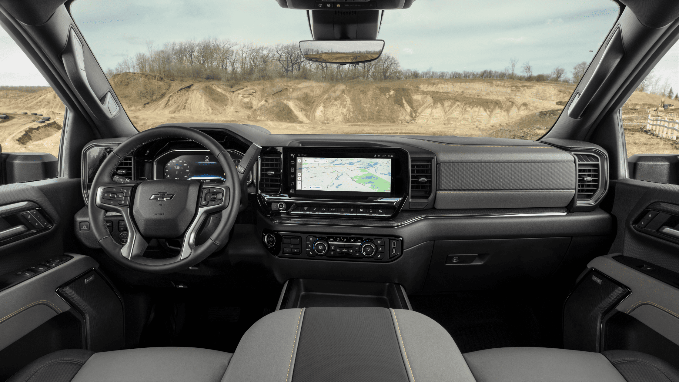 Interior view of Chevrolet Silverado with navigation on large touchscreen display.
