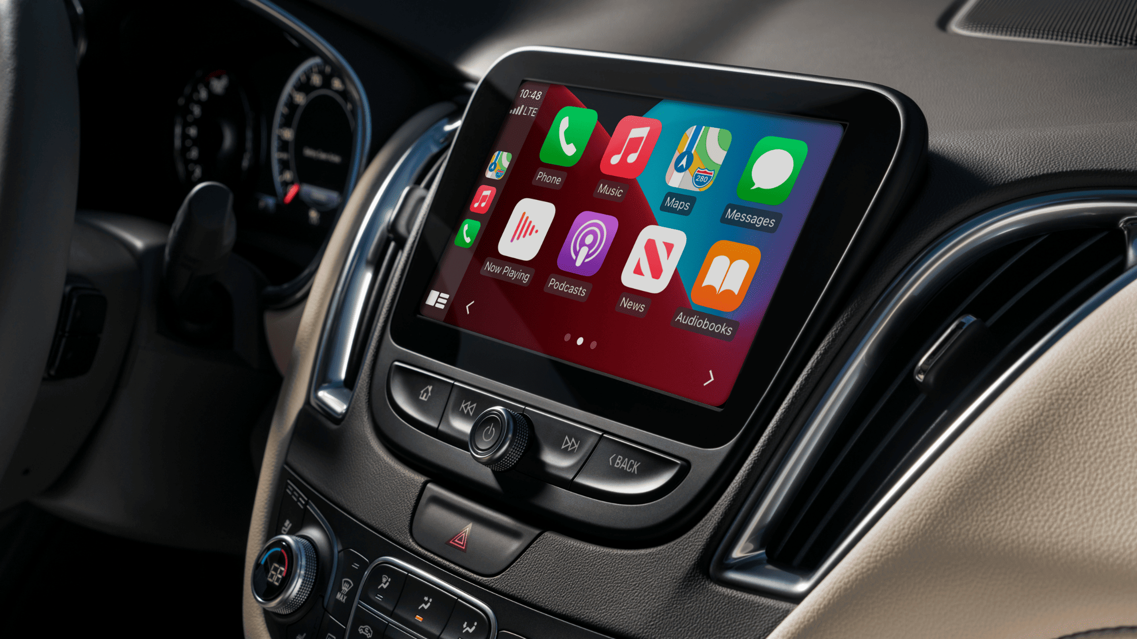 Close-up of Apple CarPlay on 2024 Chevrolet Malibu touchscreen