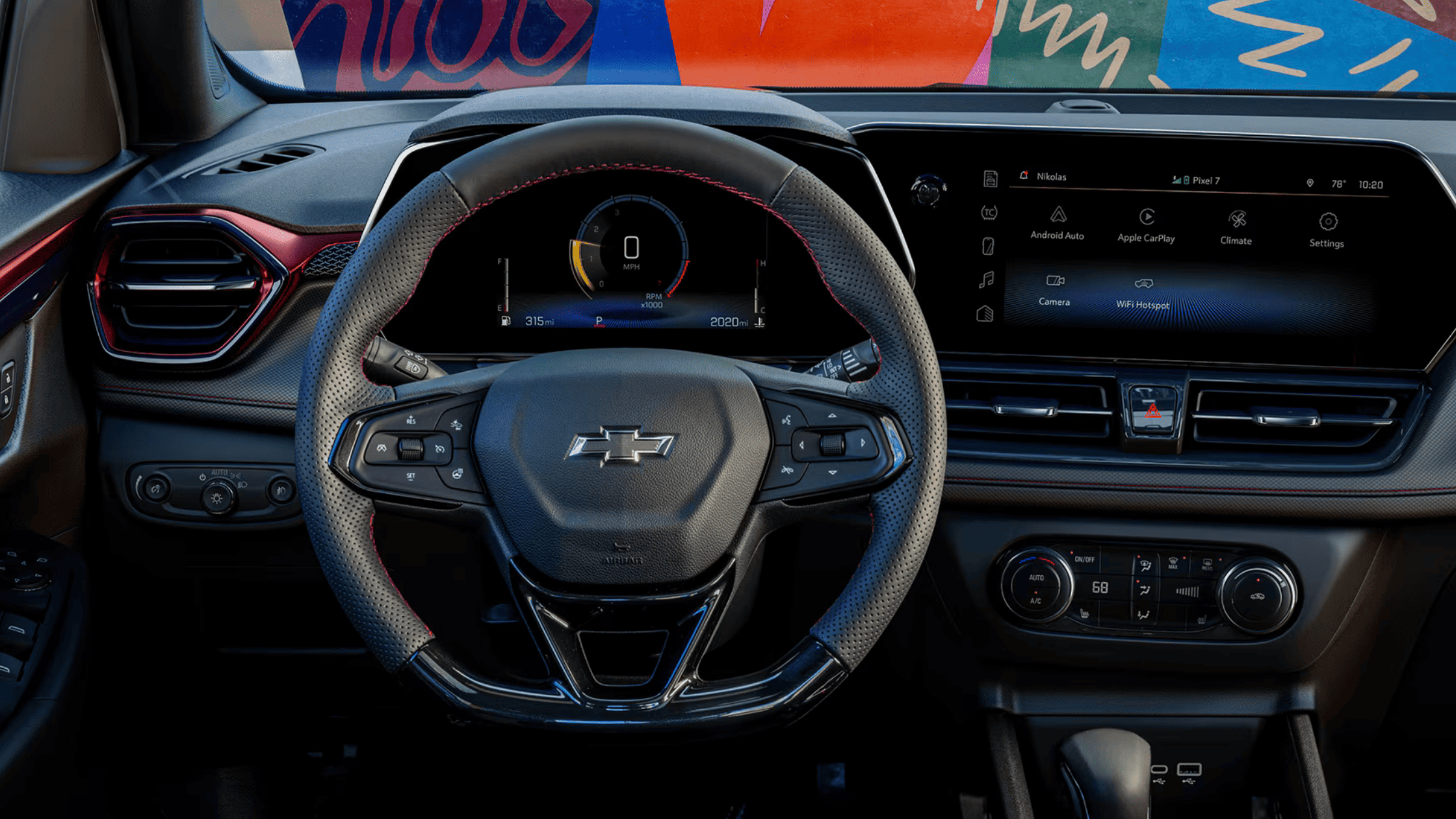 Close-up of 2025 Chevrolet Trailblazer dashboard with modern infotainment screen and smartphone integration features