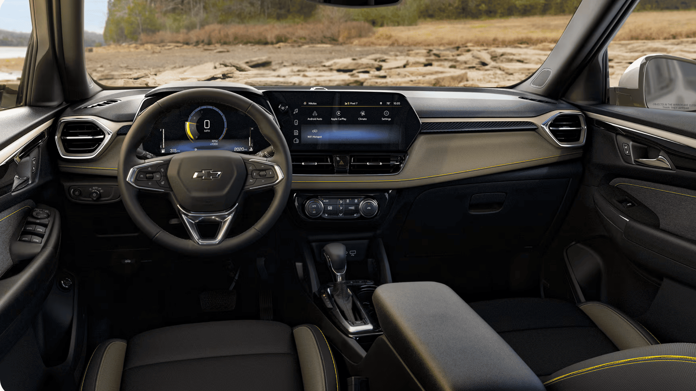 Interior view of the 2026 Chevrolet Trailblazer showing dashboard layout, digital display, and modern driver controls.