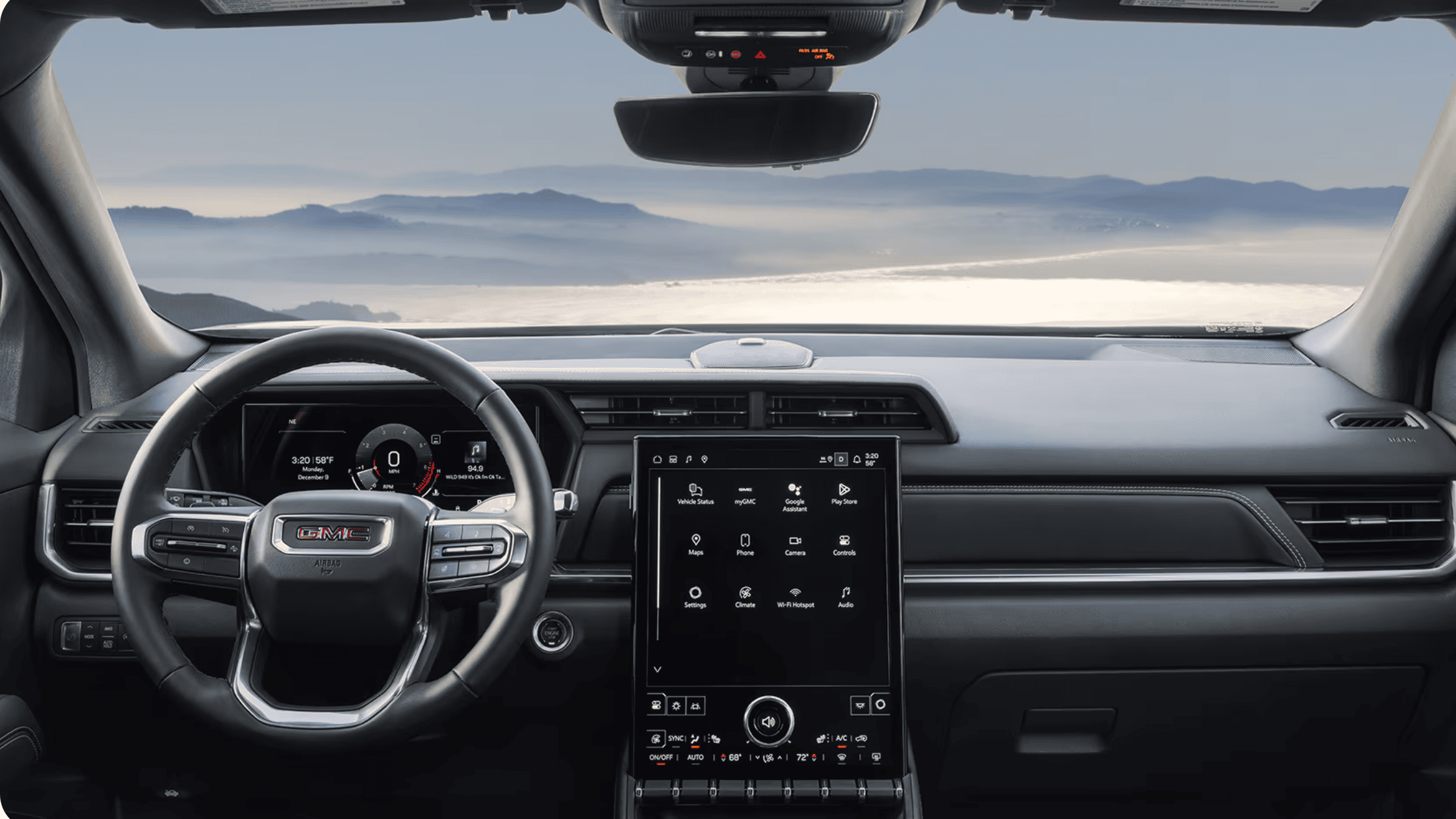 Interior dashboard of the 2026 GMC Terrain featuring digital instrument cluster, touchscreen display, and modern driver controls.