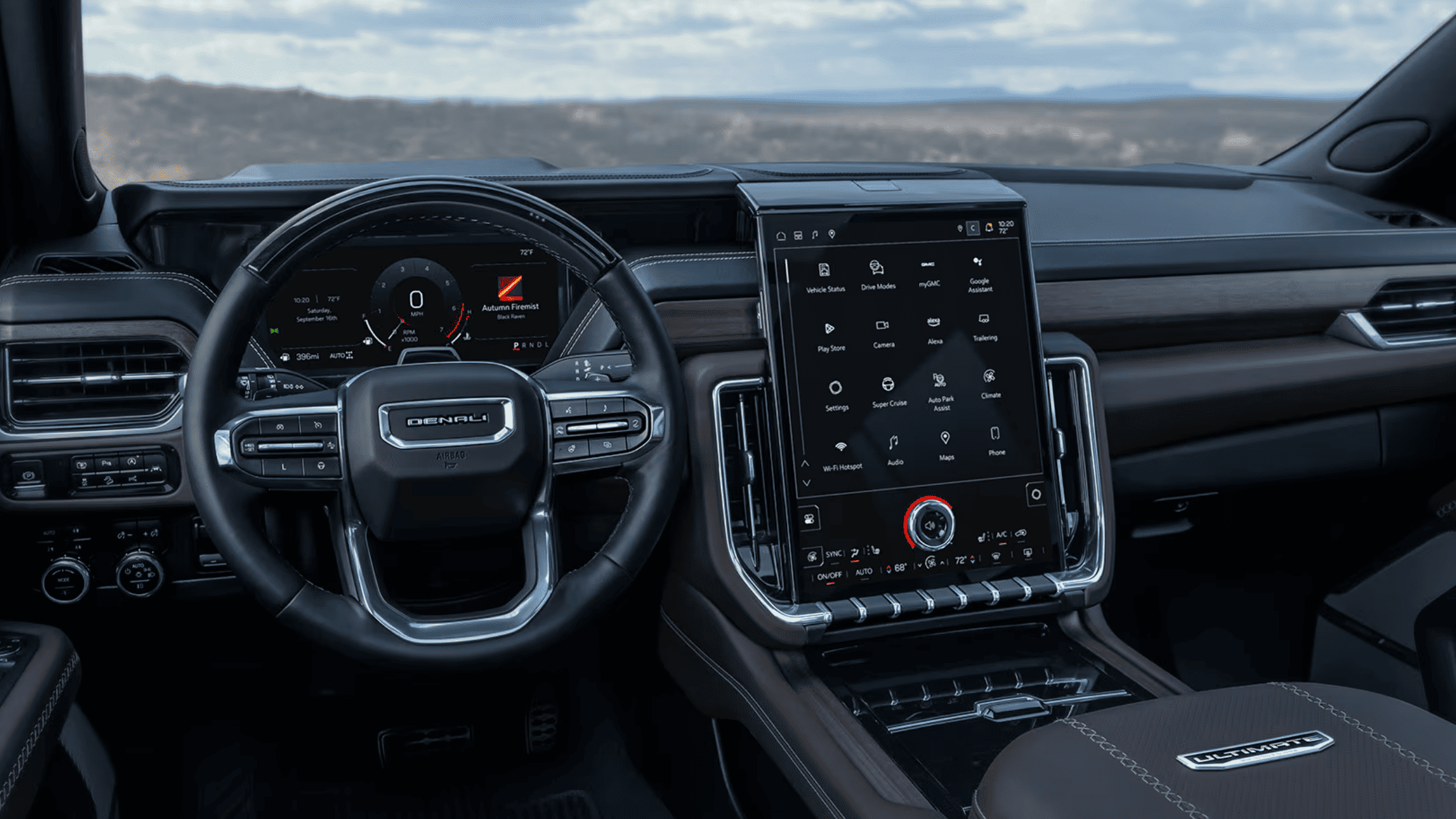 2026 GMC Yukon Denali Ultimate dashboard with large vertical touchscreen and digital gauges in Boone, NC.